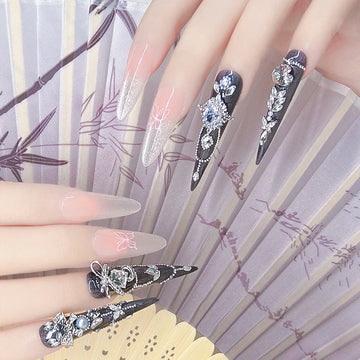 4 Piece Black Stiletto Nails Designs with Silver Gemstone Chain Decor Long Stiletto Shape