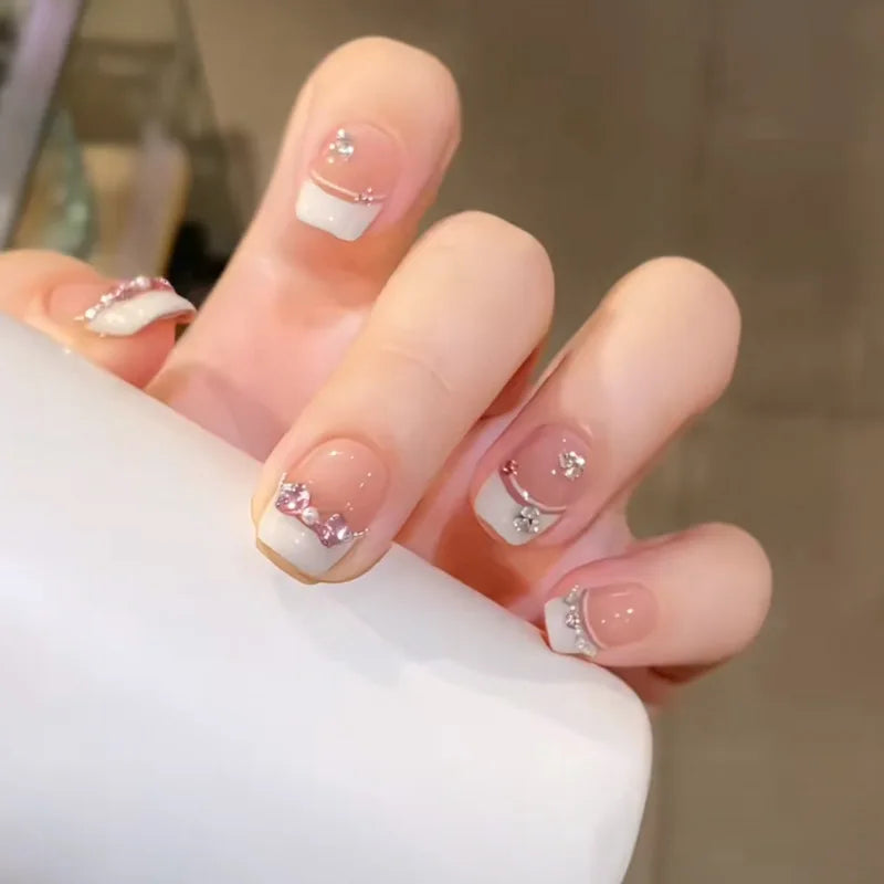 10Pcs September Short Nails | Glitter French Fake Nails | Full Cover Pink 3D Bow