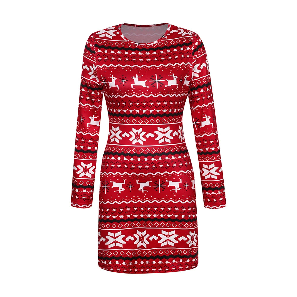 Elegant Women Christmas Dress | Bodycon Snowflake Red Xmas Short Skirt Sexy Party Costume