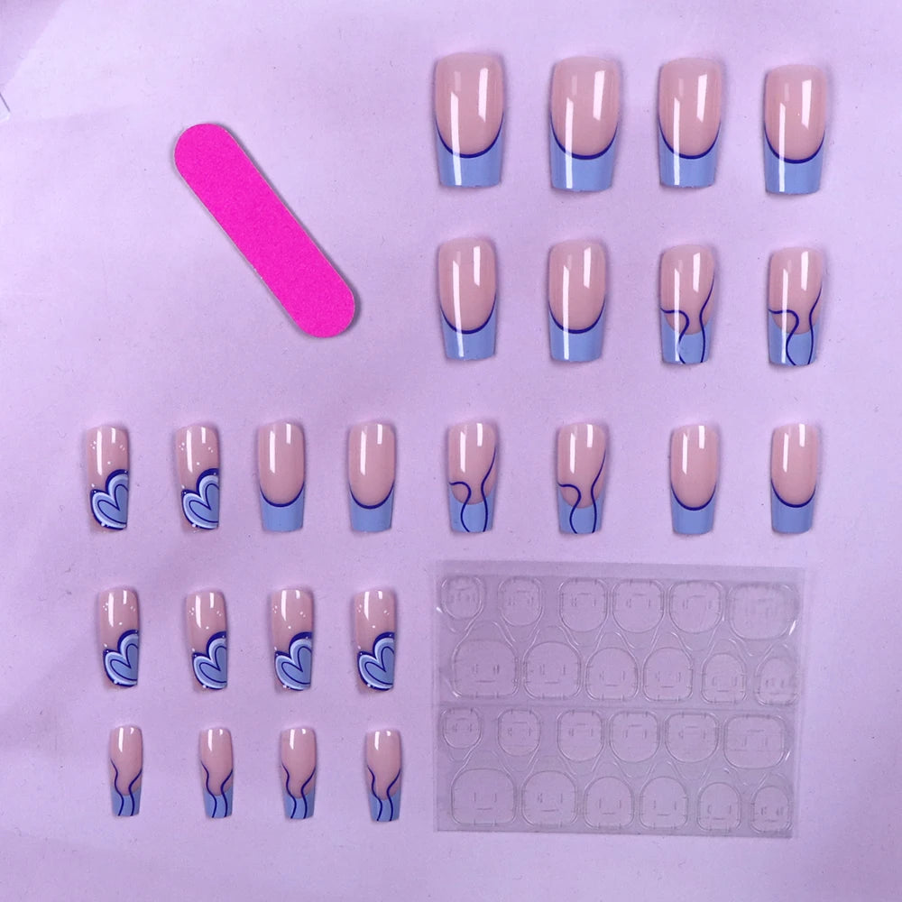 24pcs Medium Square Blue Nails –  French Tips with Charms