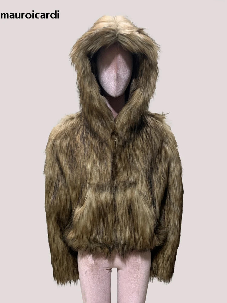 Short Thick Winter Outfits | Shaggy Faux Fox Fur Coat Women with Hood Luxury Designer Clothes