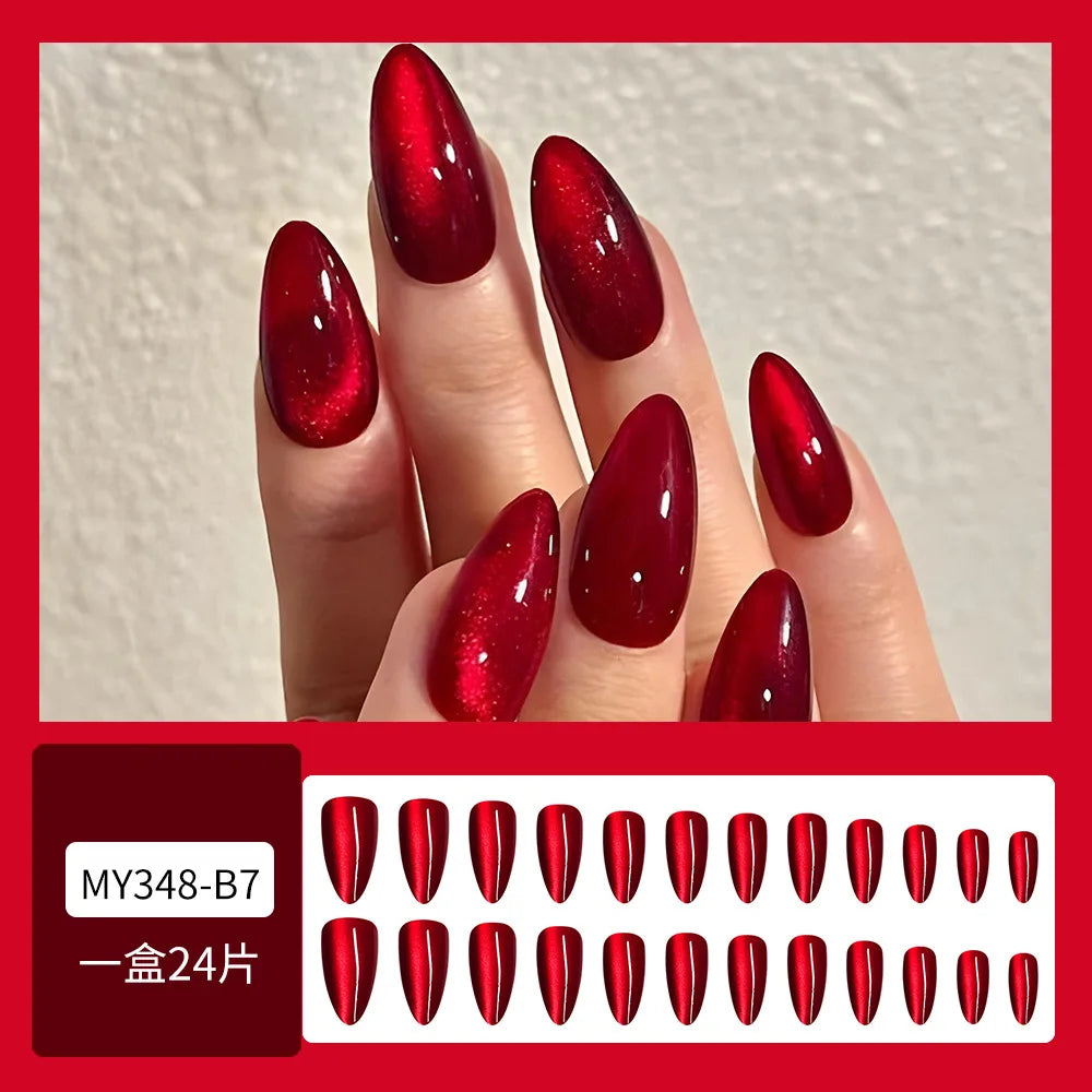 24pcs Glossy Red Cat's Eye Nails For Girl