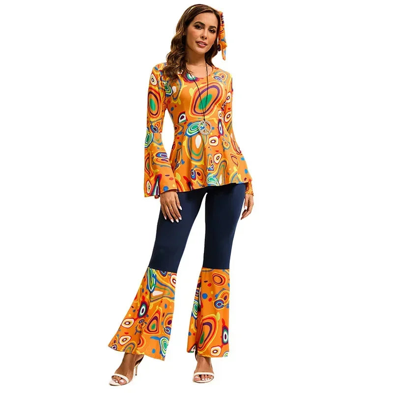 70's Disco Costume for Women | 3pcs Hippie Cosplay Printed Clothing Headband Set Female