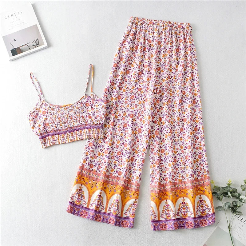Boho Queens Floral Two Piece Outfits | Strap Sleeveless Tops Bohemian Pants 2 Pieces