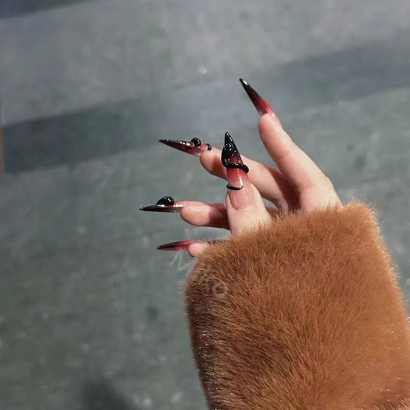 Red New Years Nails |  Long Tip Press On Nails  | Dark Red New Year Fake Nail Art
