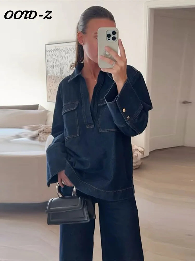 Ladies Denim Pant | Women Turndown Collar Pocket Deep V-neck Long Sleeves Top Wide Leg Pant