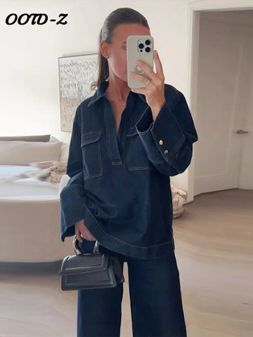 Ladies Denim Pant | Women Turndown Collar Pocket Deep V-neck Long Sleeves Top Wide Leg Pant