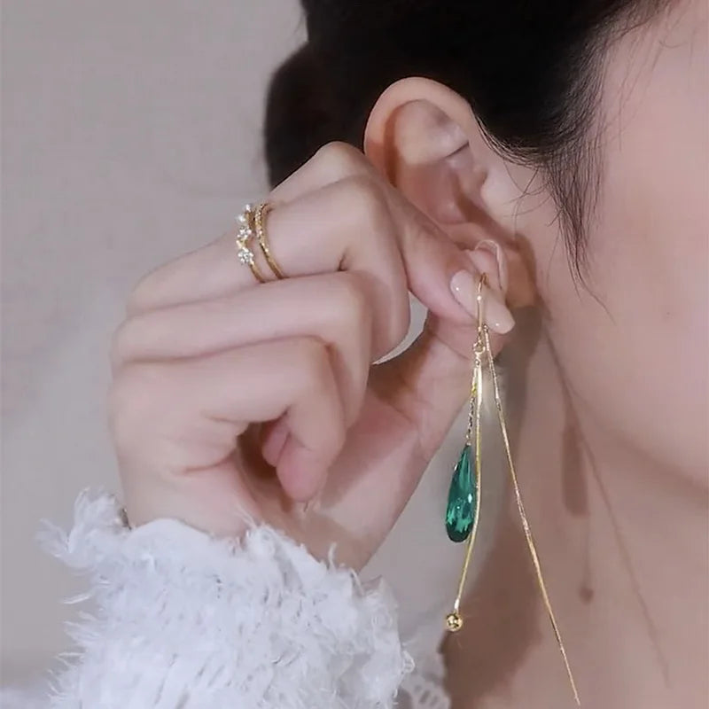 Korean Fashion Zircon Green Water Drop Earrings for Women | Crystal Long Pendant | Wedding Party Jewelry