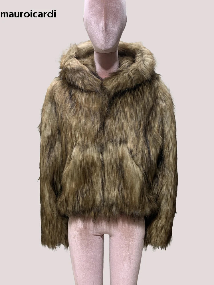 Short Thick Winter Outfits | Shaggy Faux Fox Fur Coat Women with Hood Luxury Designer Clothes
