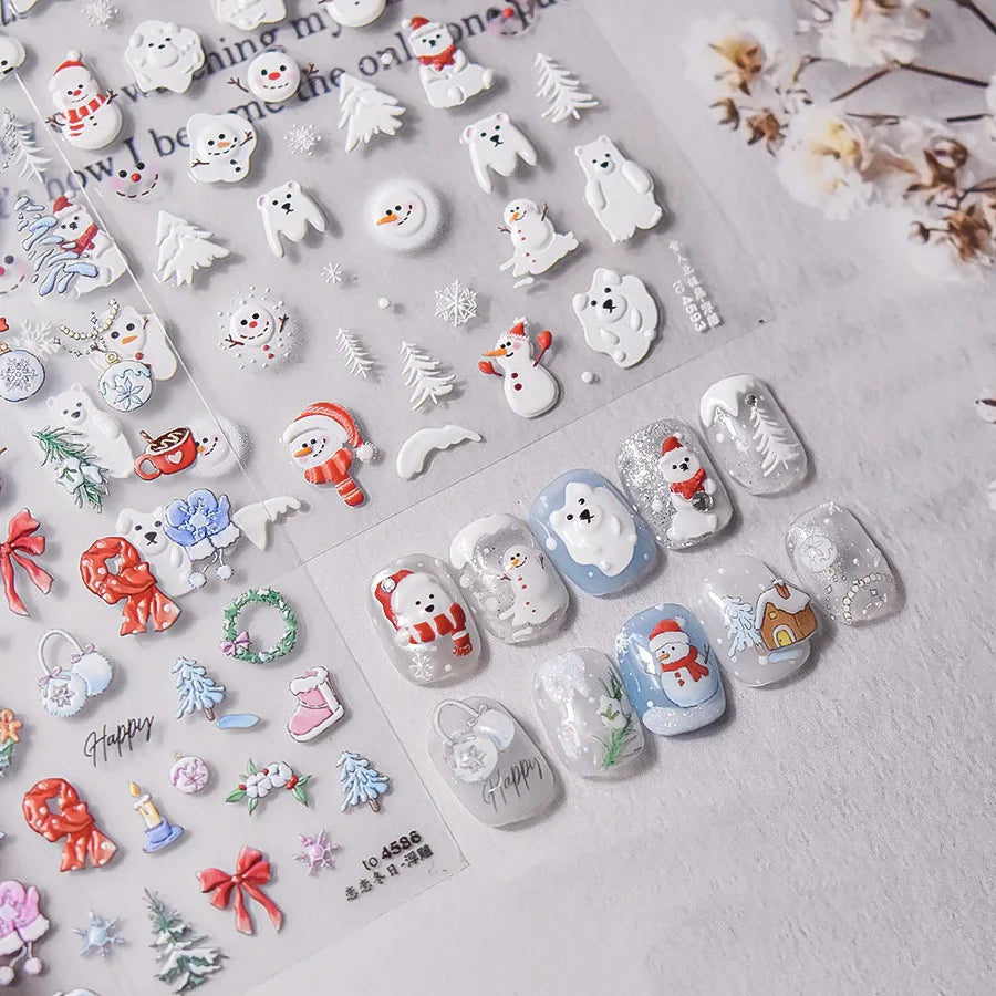 1pcs White Series Christmas Nail Stickers 5D Embossed