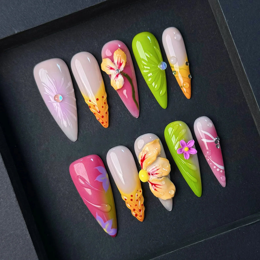 10pcs Colorful Long Stiletto Nails For Summer French Style