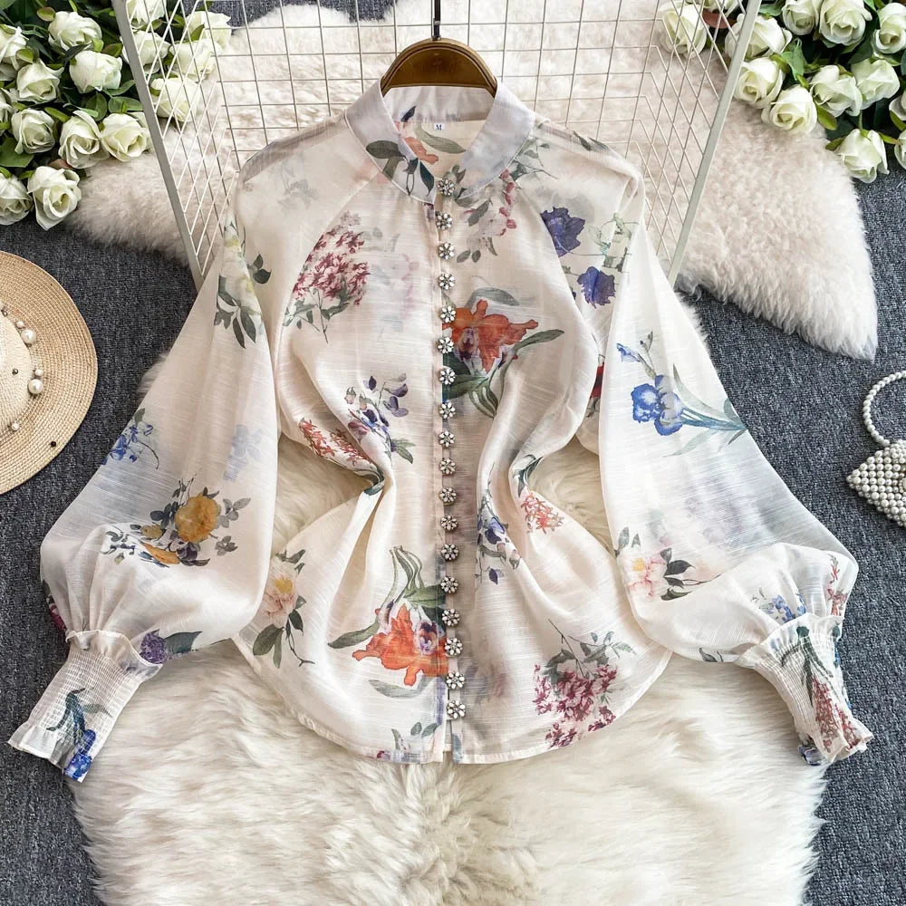 TWOTWINSTYLE Floral Elegant Two Piece Set For Women O Neck Long Sleeve Tops High Waist A Line Skirt Set Female Fashion KSE522039