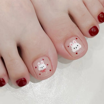 24pcs Wine-red Heart & Cute Bunny Toenails | Cross-border Watercolor Painting Cute Graffiti Nail Art