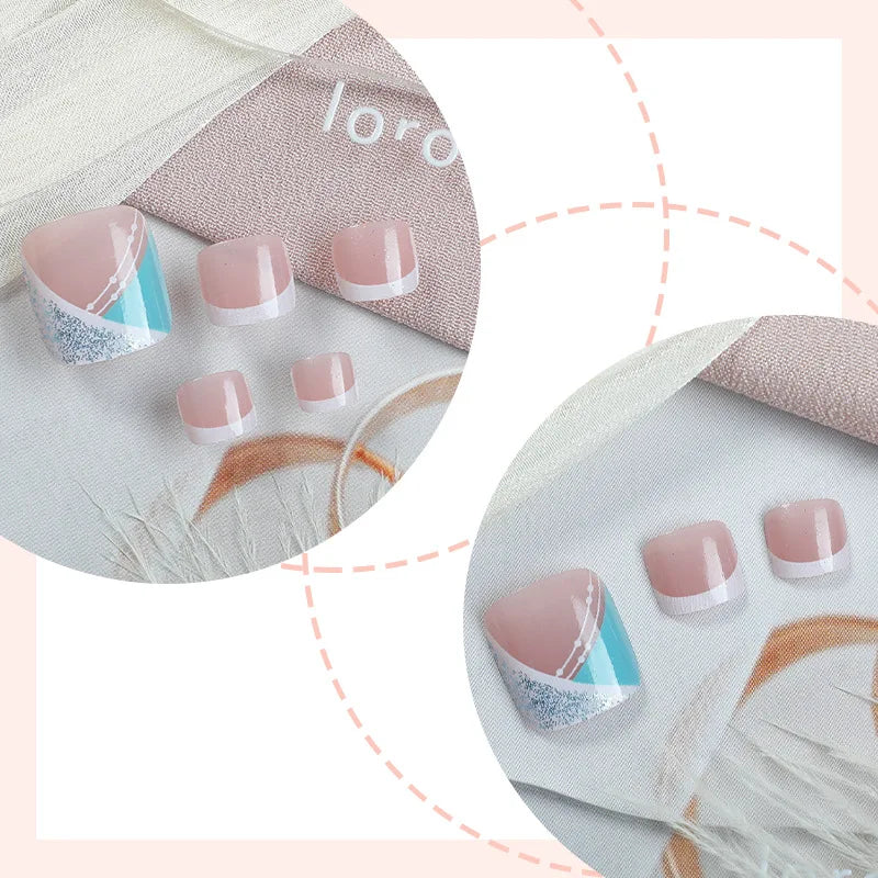 24Pcs Nude Color Fake Toenails | Blue French Tip | Nude Toe Nails Ideas