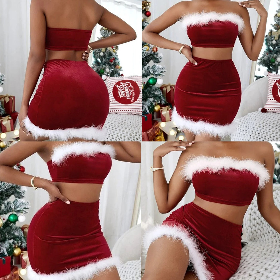 Women's Christmas Skirts Outfits | Backless Crop Tube Tops + Bodycon Mini Skirts | Xmas Outfits