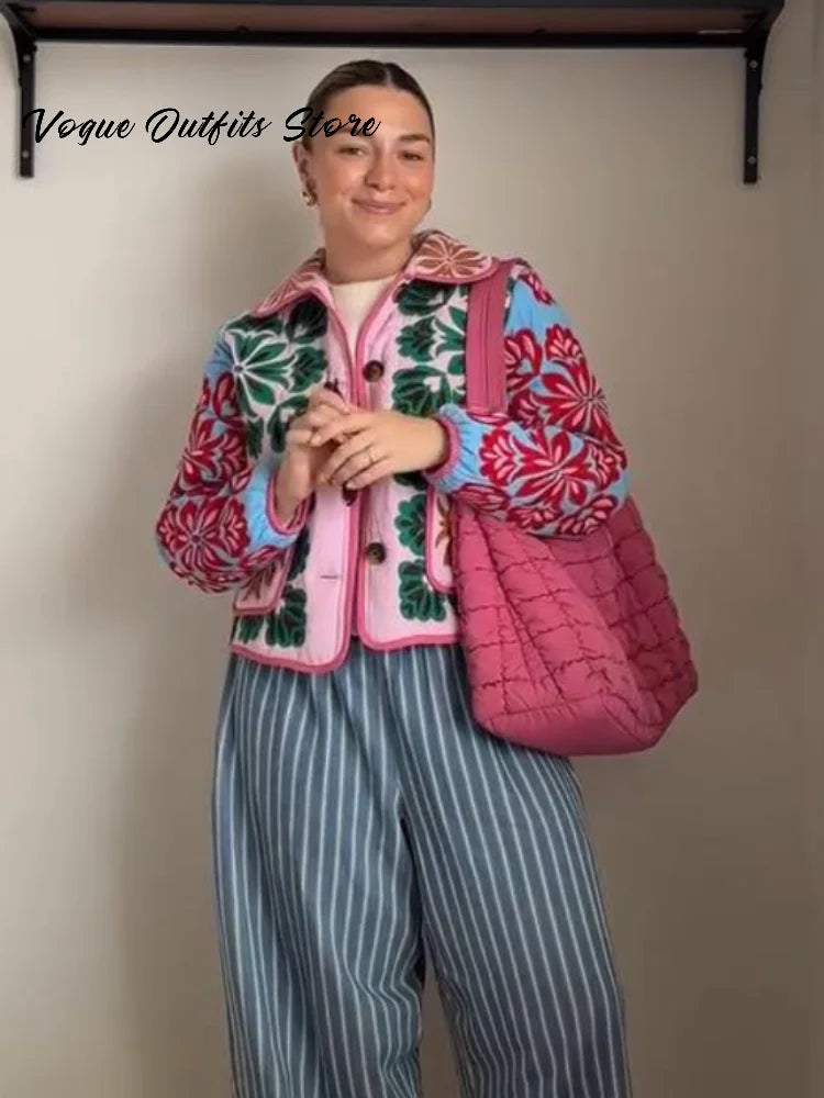 Chic Colorful Print Short Coat For Ladies | Lapel Single Breasted Pocket Full Sleeve Jacket