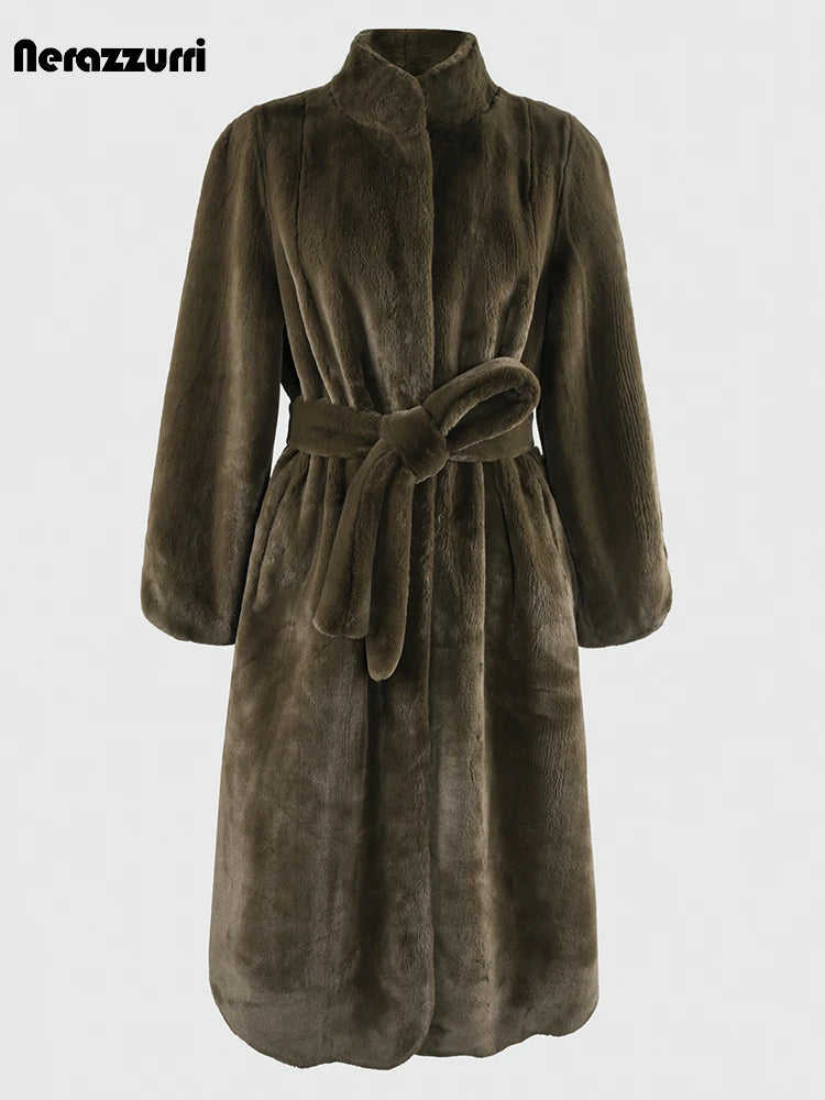 Fluffy Winter Coat | Women Stand Collar Sashes A Line Clothes