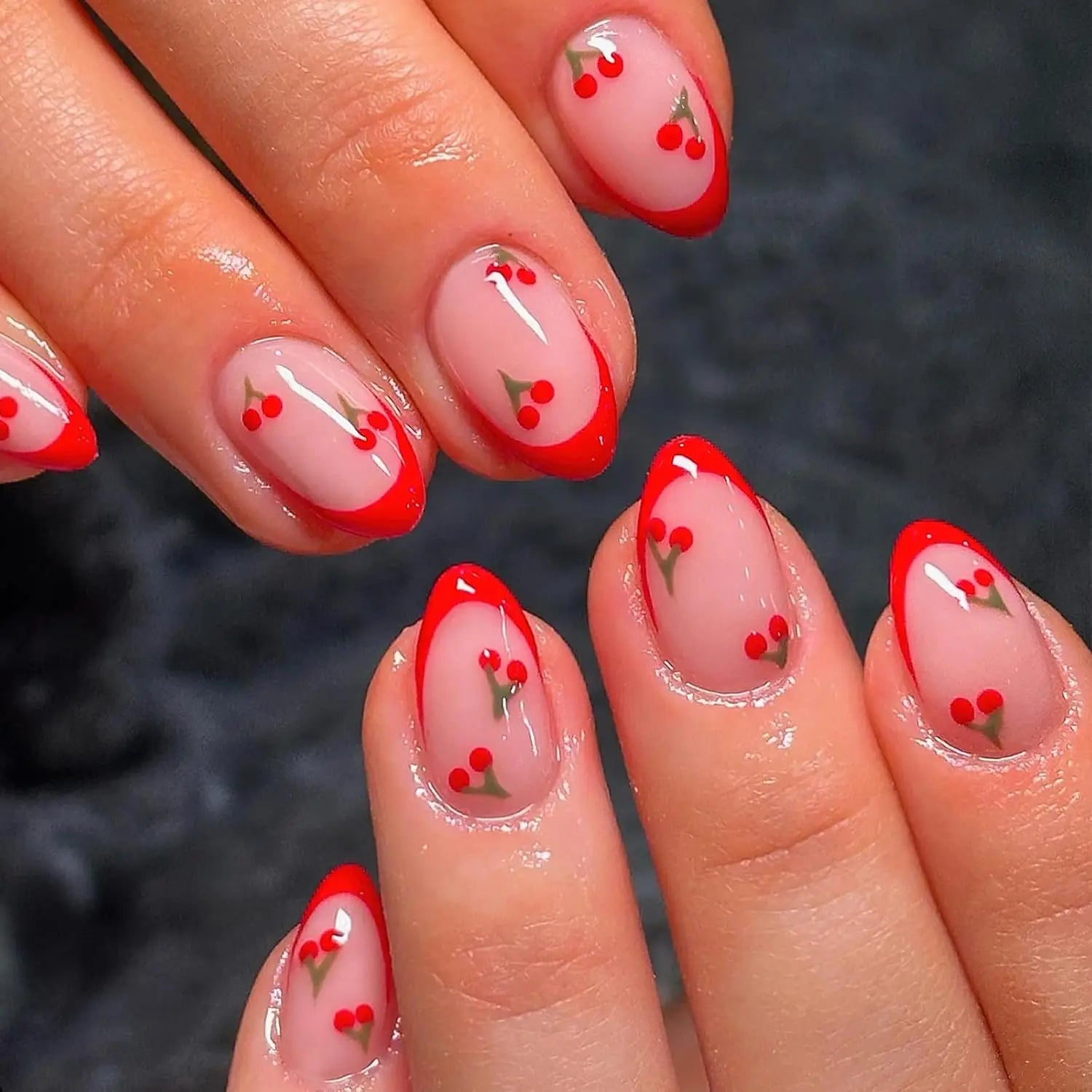 24 Cherry Red Nails Design set 1pc Nail File & 1Nail Glue Sticker Kit Nails
