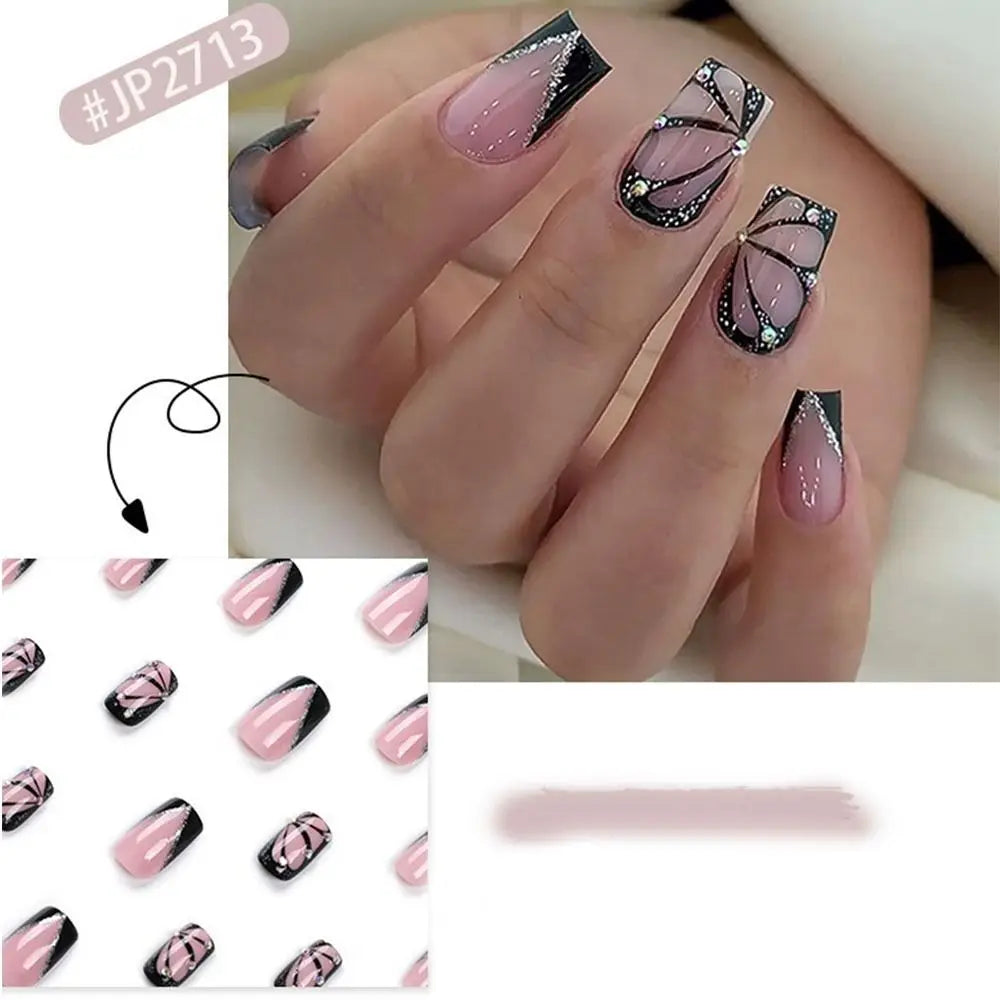 24 Back To School Nails 9th Grade | Black Butterfly Wings Fake Nails | Full Cover Press on Nails