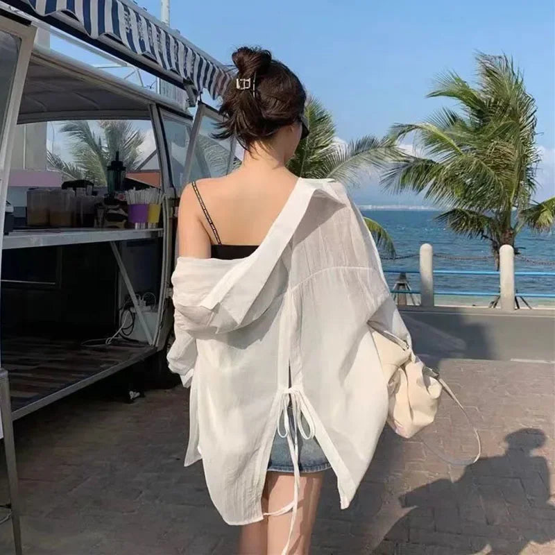Thin Long Sleeve Sunscreen Shirt | Woman Back Split dress | Lace Up White Shirts