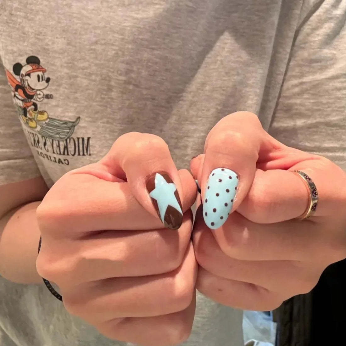 10 Blue Polka Dot Nails | Bow Star Design Fake Nail Wearable Nail Art Tips for Girls