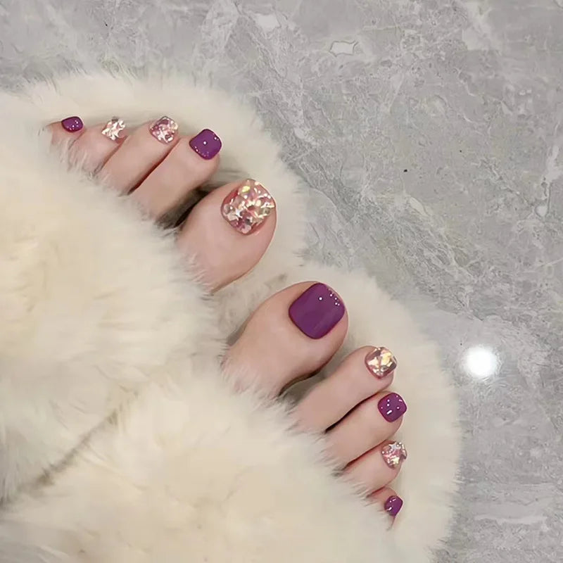 24 Cute Toe Nails Designs | Purple Diamond Beach Toe Nails Summer Removable Wearable Nail Art
