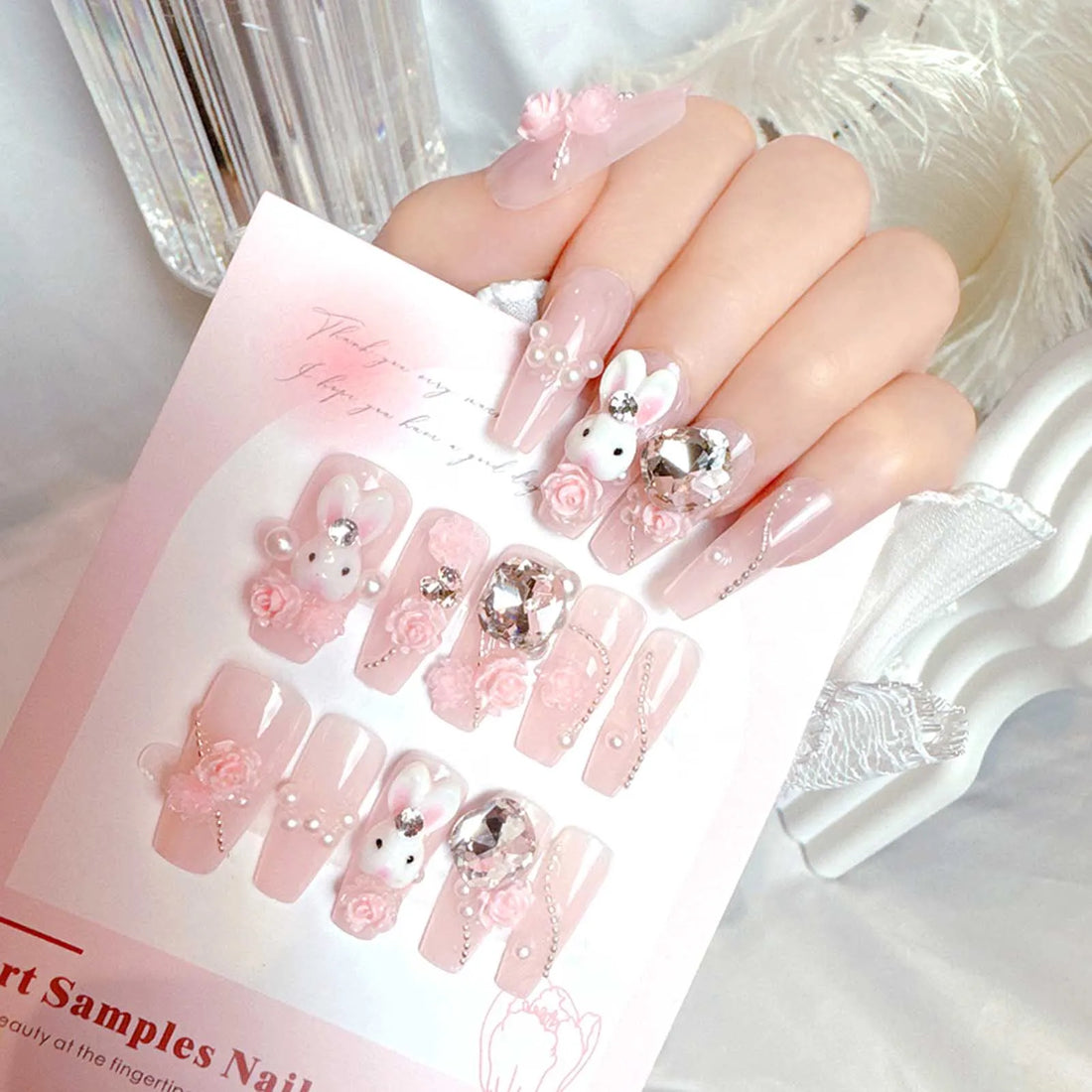 24pcs Light Pink Nails With Design | Cute Rabbit Decor Reusable False Nails