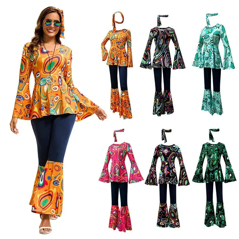 70's Disco Costume for Women | 3pcs Hippie Cosplay Printed Clothing Headband Set Female