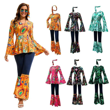 70's Disco Costume for Women | 3pcs Hippie Cosplay Printed Clothing Headband Set Female