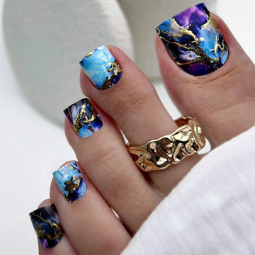 24 Short Toe Nails Pedicure with Marble Texture Design | False Nails Press on Reusable Finished Art