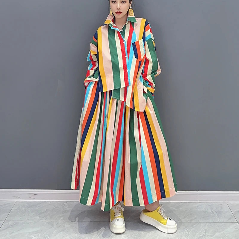 Aesthetic Korean Skirt Outfit | Korean Style Multicolor Striped Loose Fit Woman Casual Two Piece Set
