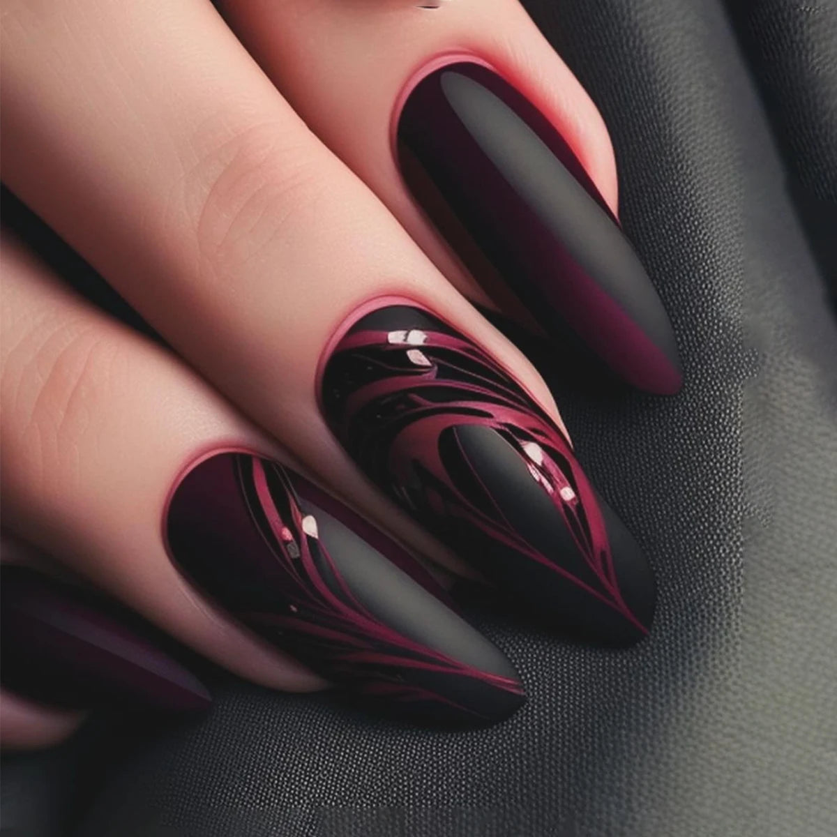 24 medium almond nails and winter black matte texture| fake nails manicures