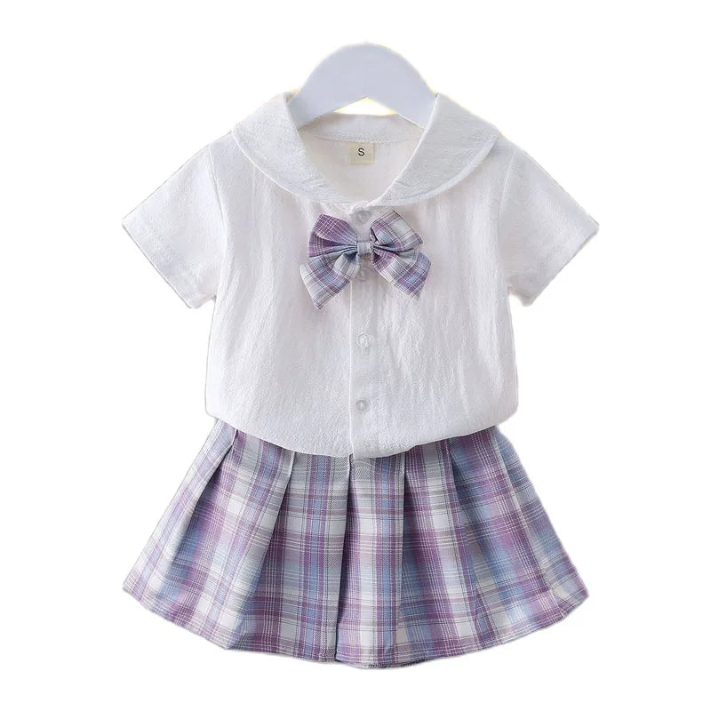 First Day Of School Outfit | Pleated Skirt + Short Sleeves Shirts | Summer Children Big Kids School Sweat Clothes
