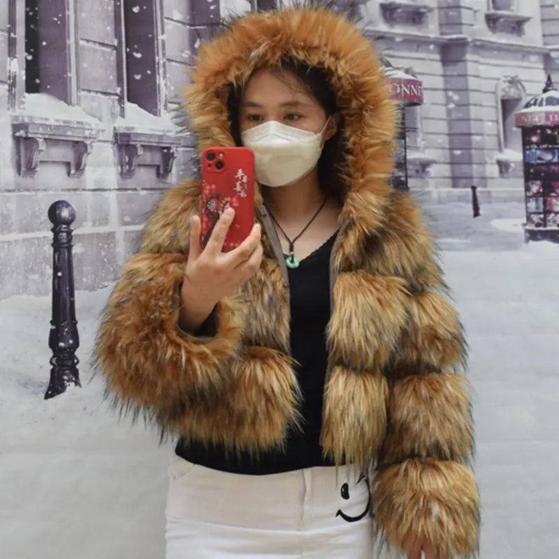 Luxury Faux Fur Coat | Thick Fox Raccoon Leather Brown Plus Size Especially Fake Fur Cold Coat