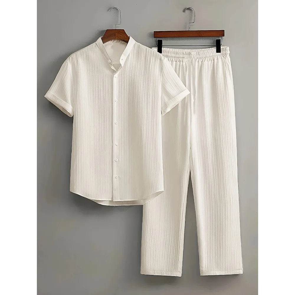 New England Fall Outfits | Loungewear Solid Color Textured Short Sleeve Button Down Shirt and Pants