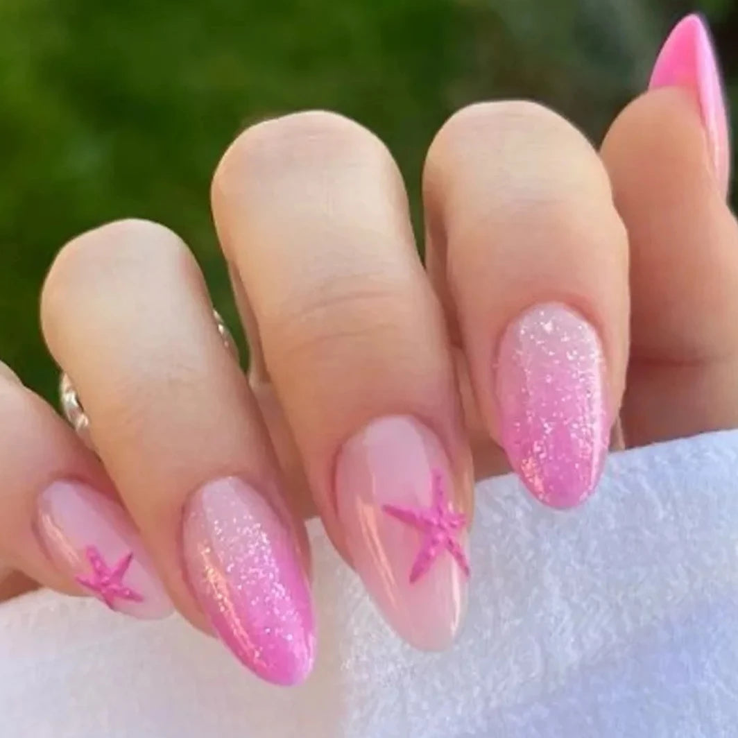 September Nails Designs | Long Pointed Fake Nail Shell Pearl Cat Eye Starfish Summer Ripple False Nails