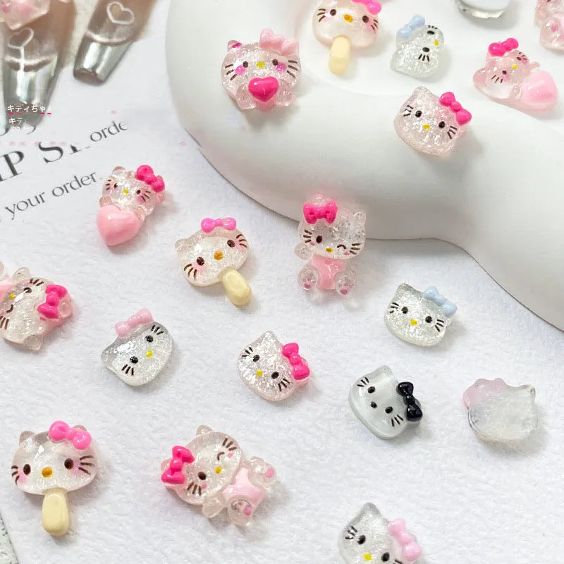 1box Hello Kitty Ice Cream Nails | Decorations Transparent Heart Hello Kitty Bow Manicure