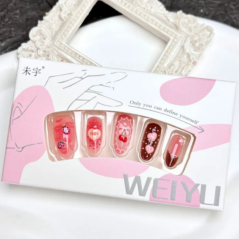 30 Cute Cherry Bowknots Ladybug Strawberry Decor False Nails
