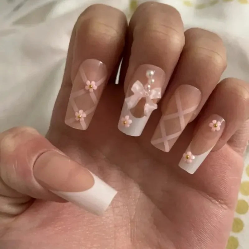 24Pcs Ballet Square Pink Summer on Bow Nails