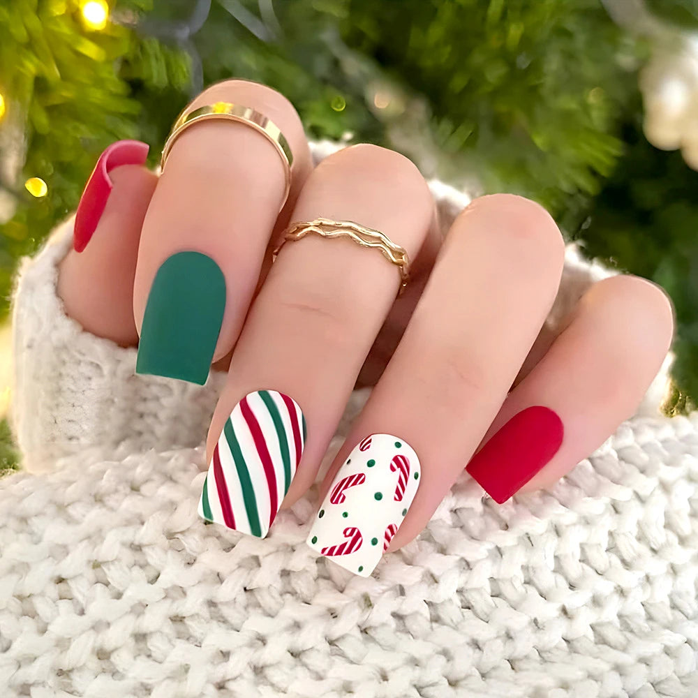 24 Christmas square nails | Candy Red Green Matte Finish Press On Nails