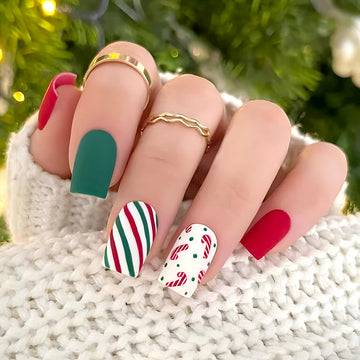 24 Christmas square nails | Candy Red Green Matte Finish Press On Nails