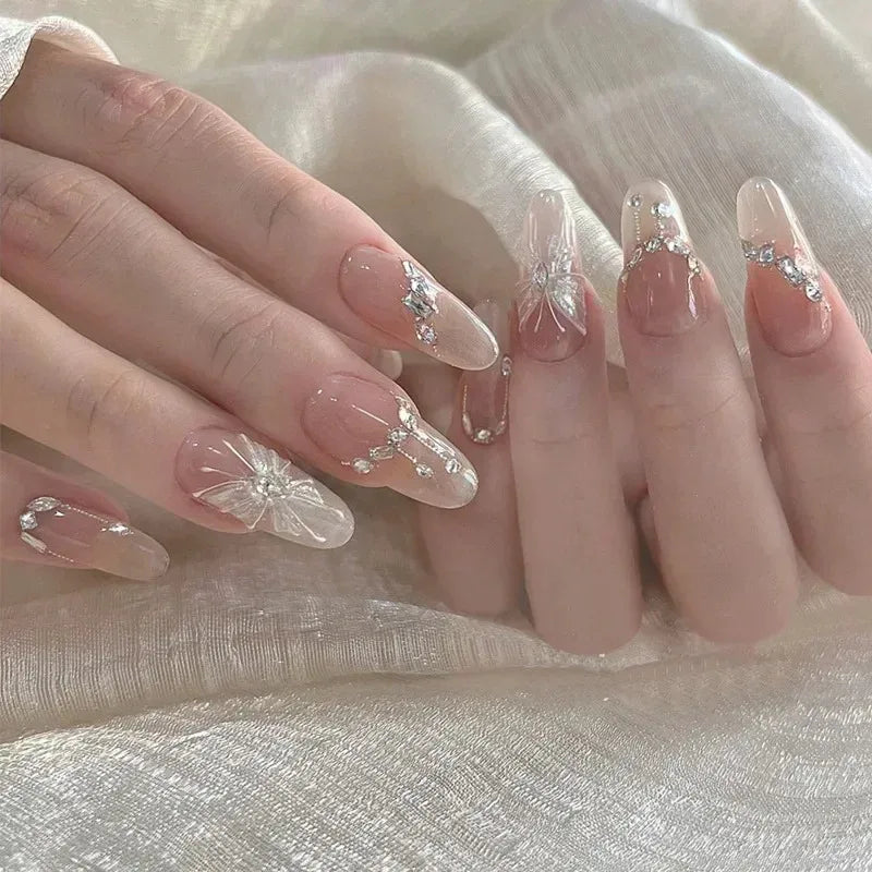 24 Almond Nails French Tip | Handmade Press On Nails | Full Cover Butterfly French Nail Art
