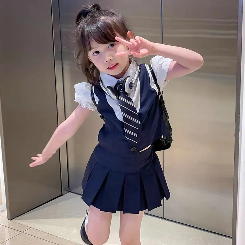 Cute Middle School Outfits | Two piece  Short sleeved Top+Tie+Pleated Skirt 3Pcs | Summer New School Outfits