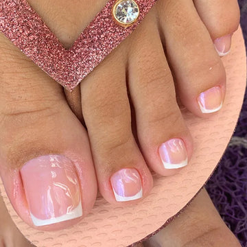 24pcs French short toe nails design | Full Cover Square Toe Nails | Foot Nails Tips for Women