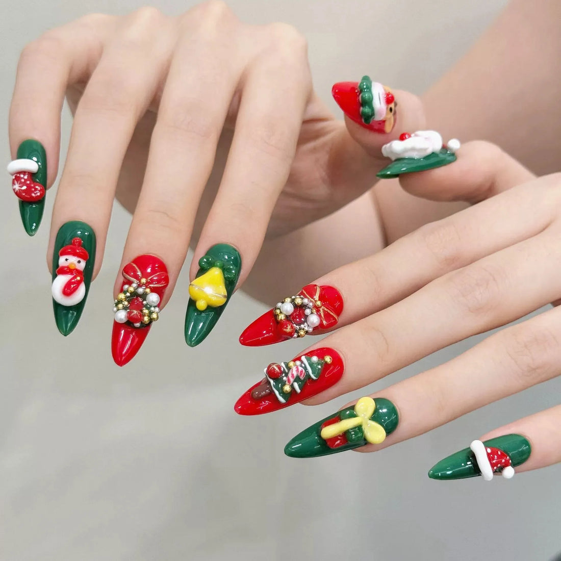 10 Cute Christmas Press On Nails | 3D Pearl Wreath Decor Fake Nail | Long Red Nails