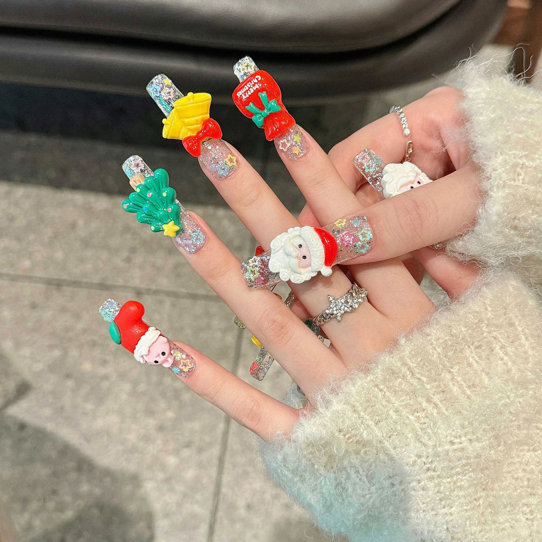 10 Christmas Press On Nails | 3D Pipe Ladder Press On Nails | Resin Fake Nails for Christmas
