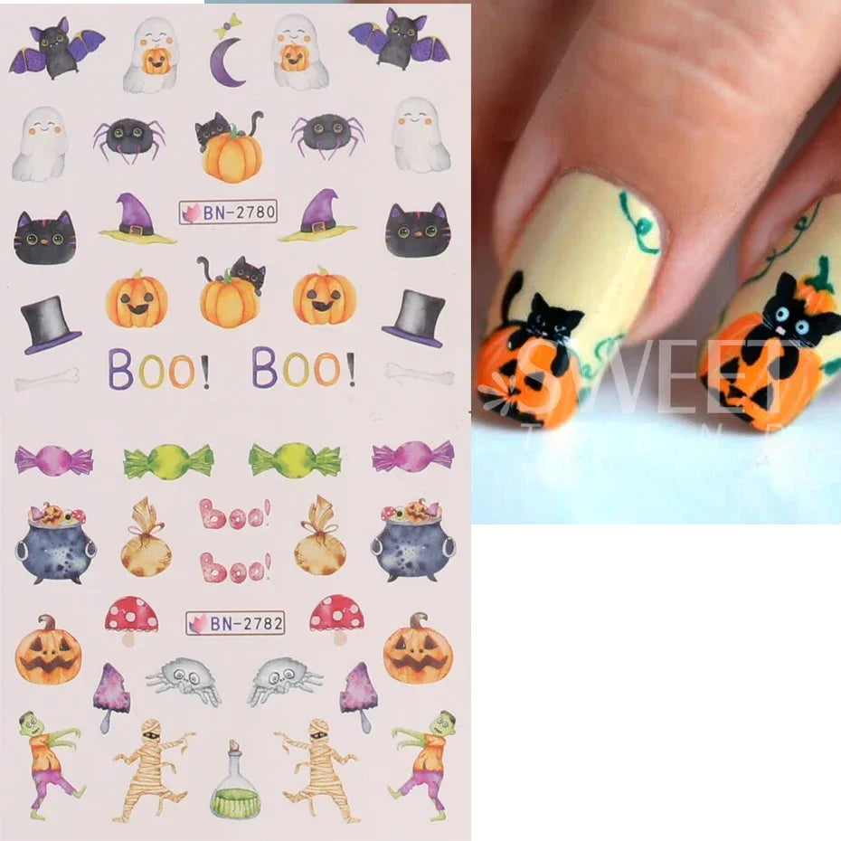 12pcs/set Halloween Spider Nail Art | Water Decals Cute Holiday Cartoon Design | Pumpkin Ghost Sliders