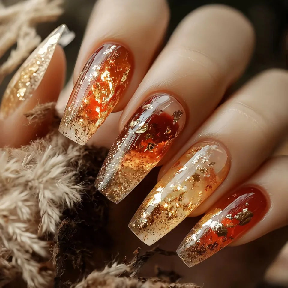 24pcs/set Elegant Touch Nails | Flowers leaf gradient color | Square almond tips press on nail art