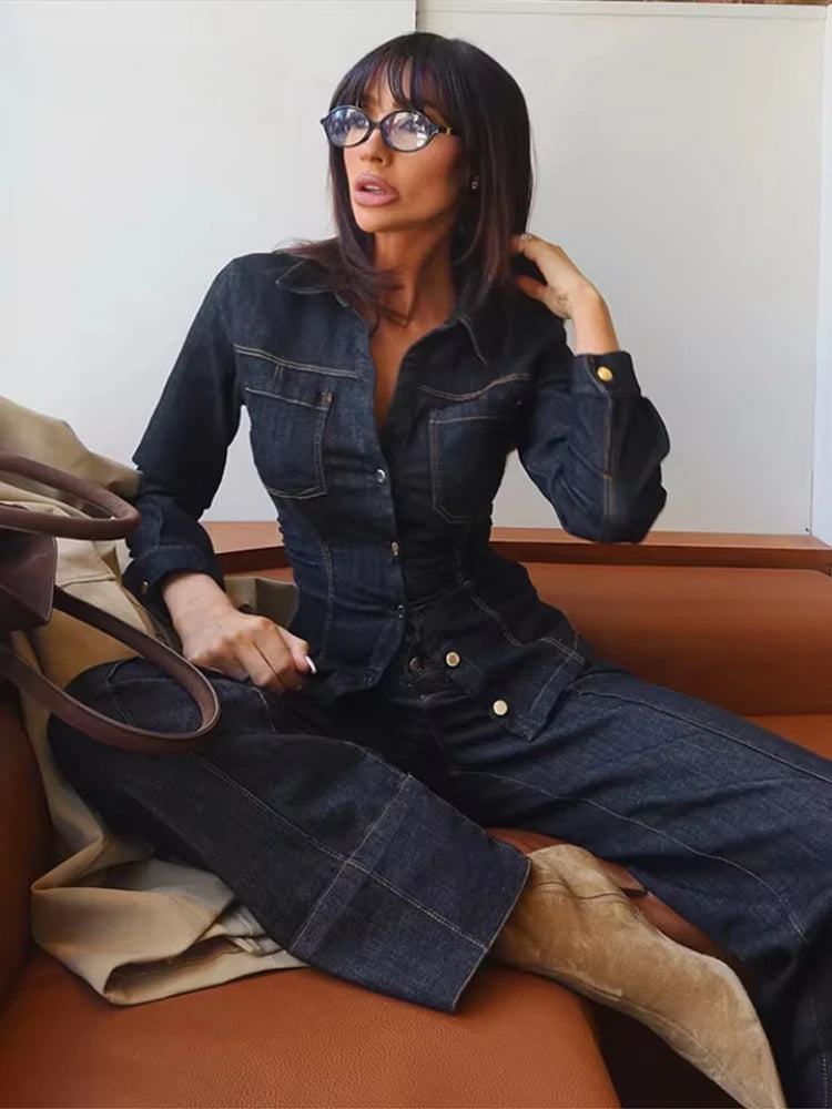 Denim Set For Women | Single Breasted Pocket Coat High-waist Button Zip Trousers