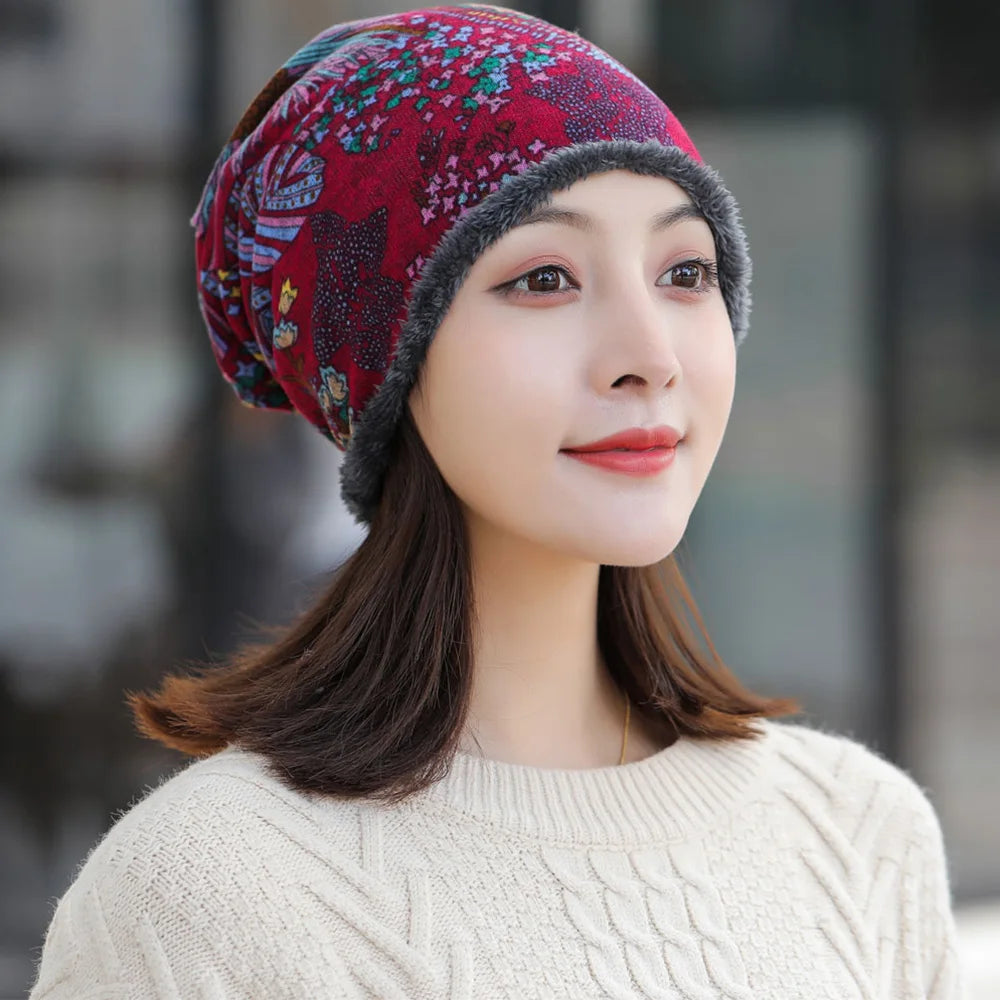 Winter Warm hat | Vintage Embroidered Winter Warm Velvet Soft Bonnet Bandanas Hat